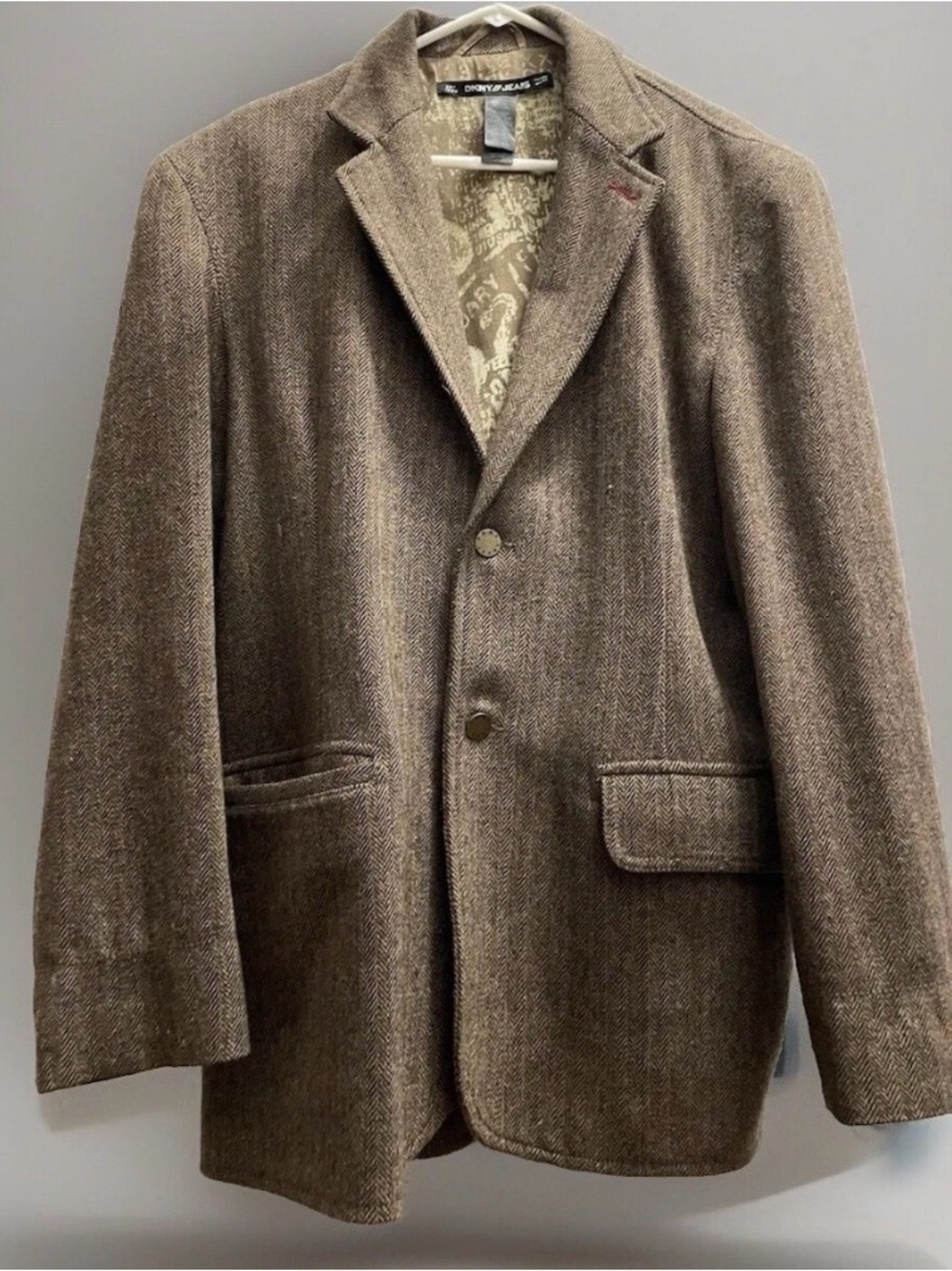 DKNY Tweed Jacket Brown Herringbone Wool Blazer Sport Coat 44R XL Single Vent